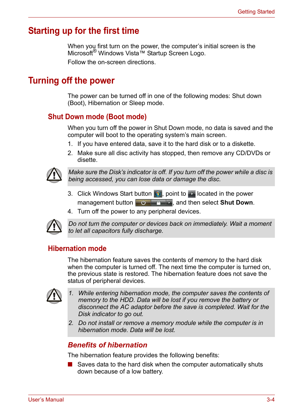 Starting up for the first time, Turning off the power, Shut down mode (boot mode) | Hibernation mode | Toshiba Satellite A100 (PSAAR) User Manual | Page 48 / 171