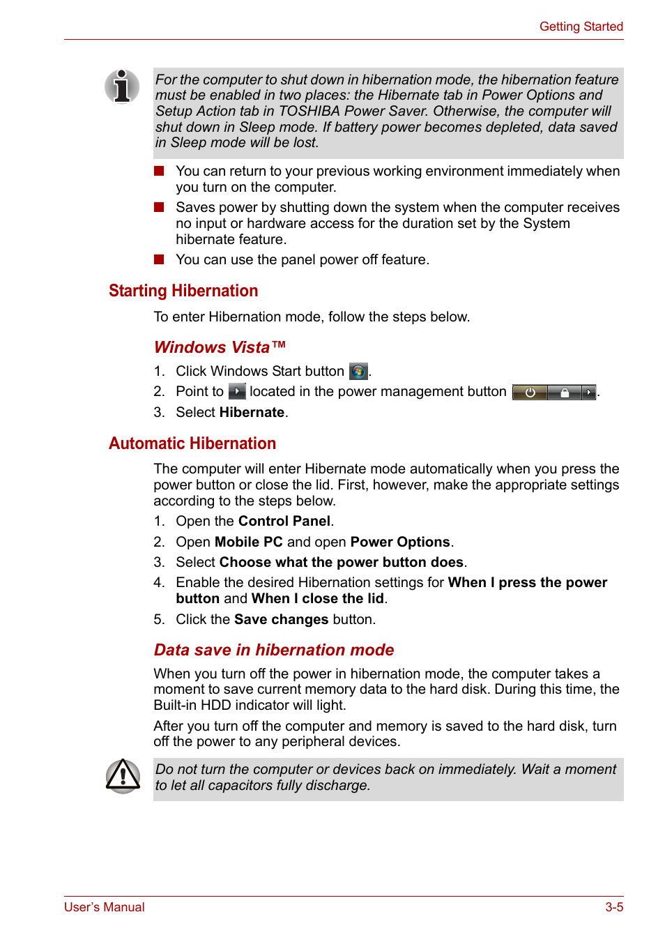 Starting hibernation, Automatic hibernation | Toshiba Satellite A100 (PSAAR) User Manual | Page 49 / 171