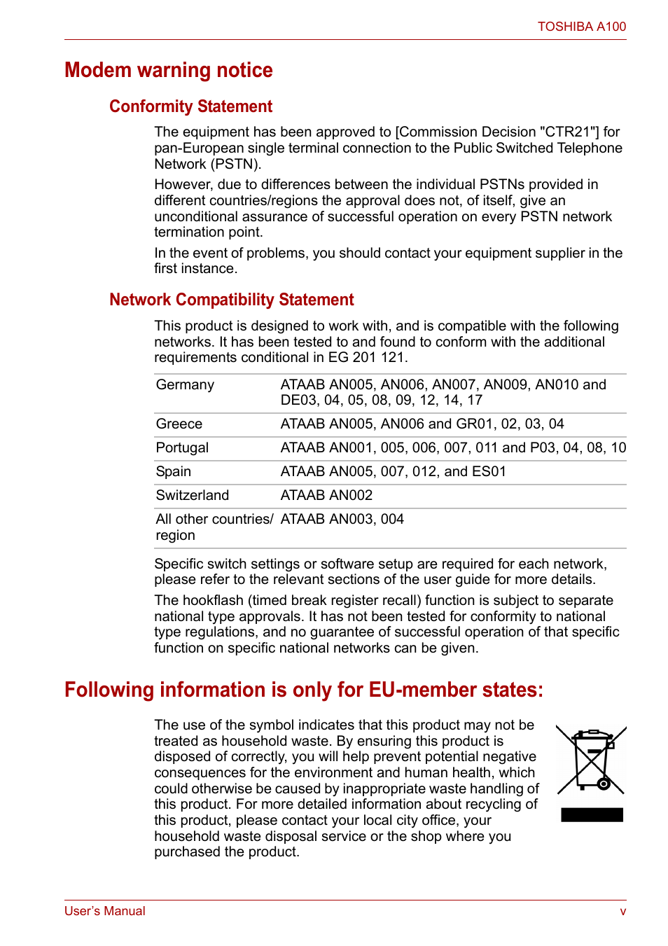 Modem warning notice, Following information is only for eu-member states, Conformity statement | Network compatibility statement | Toshiba Satellite A100 (PSAAR) User Manual | Page 5 / 171