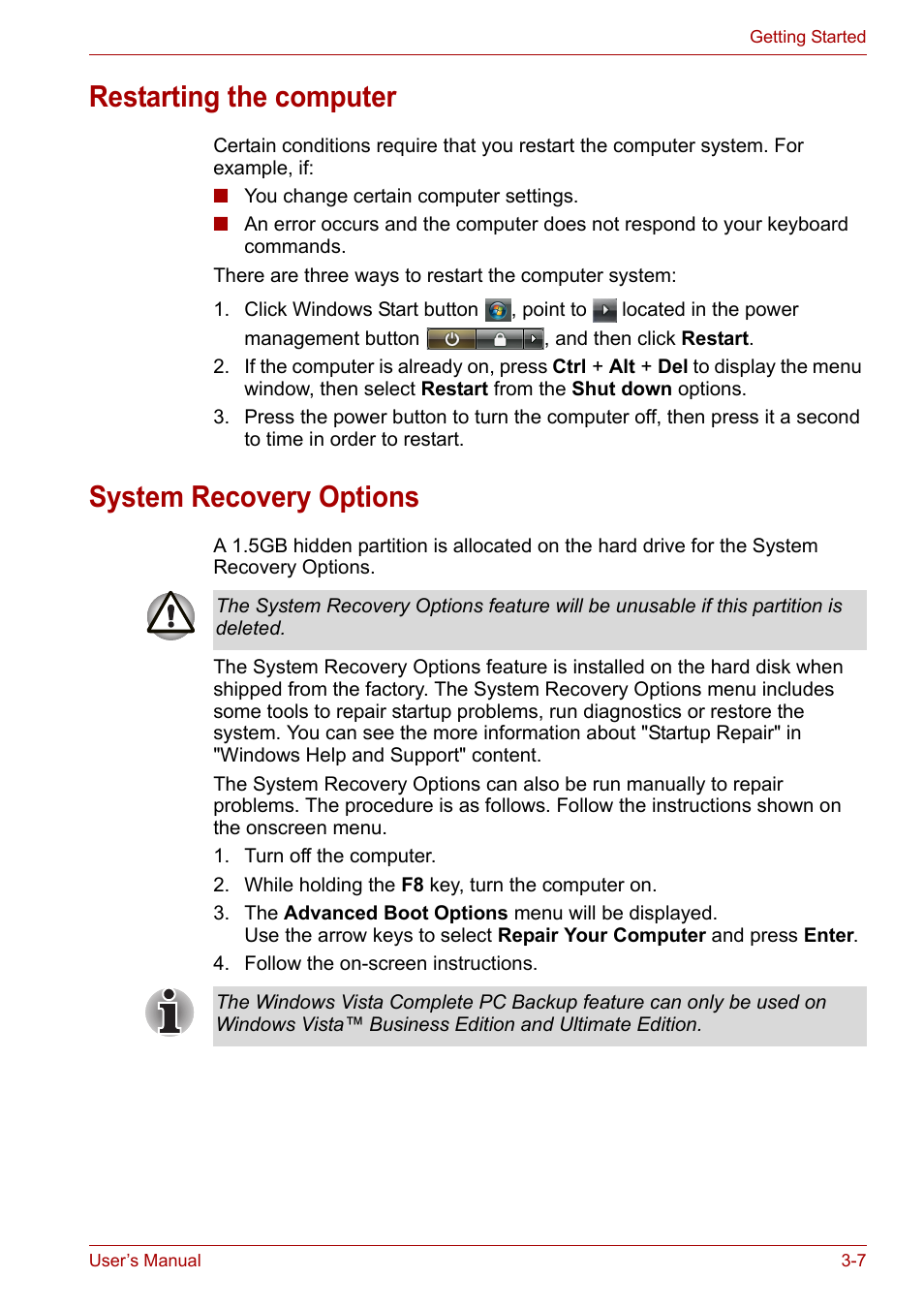 Restarting the computer, System recovery options | Toshiba Satellite A100 (PSAAR) User Manual | Page 51 / 171