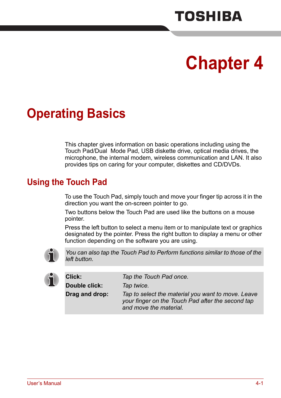 Chapter 4: operating basics, Using the touch pad, Chapter 4 | Operating basics, Using the touch pad -1 | Toshiba Satellite A100 (PSAAR) User Manual | Page 53 / 171