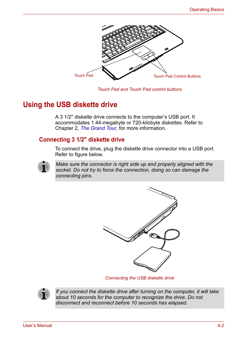 Using the usb diskette drive, Using the usb diskette drive -2, Connecting 3 1/2" diskette drive | Toshiba Satellite A100 (PSAAR) User Manual | Page 54 / 171