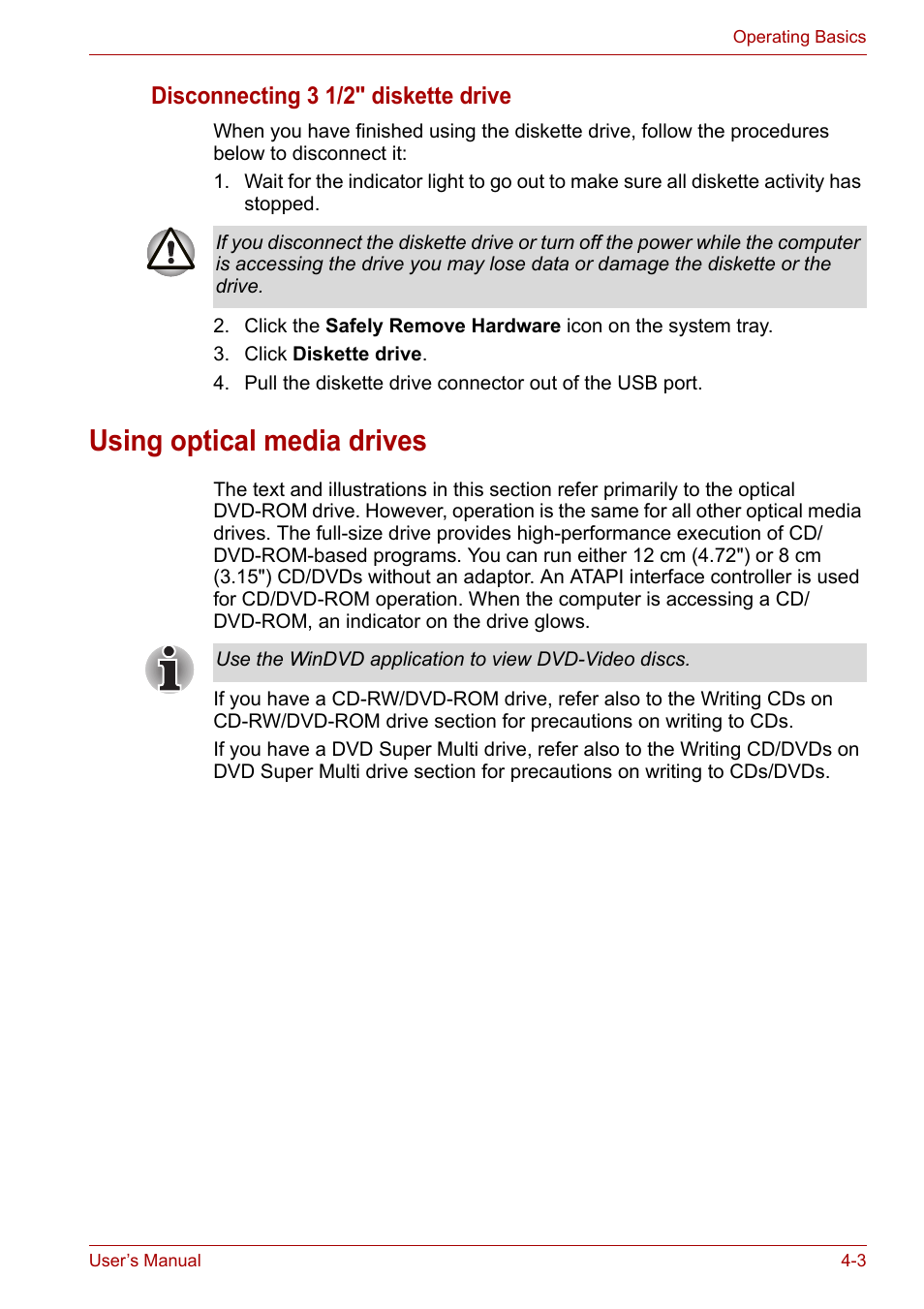 Using optical media drives, Using optical media drives -3, Disconnecting 3 1/2" diskette drive | Toshiba Satellite A100 (PSAAR) User Manual | Page 55 / 171