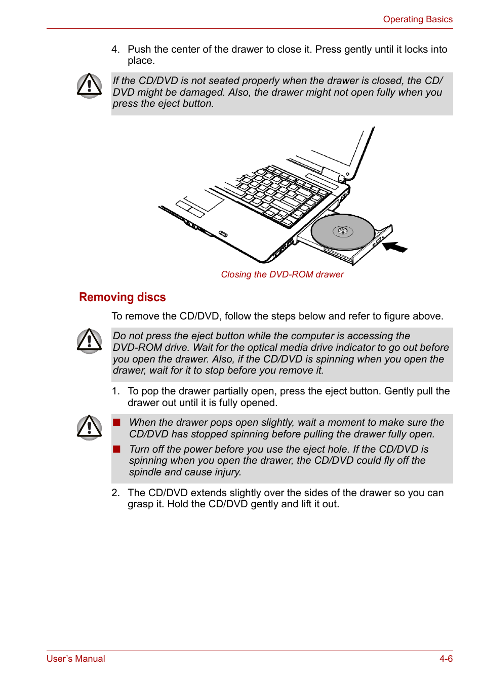 Removing discs | Toshiba Satellite A100 (PSAAR) User Manual | Page 58 / 171