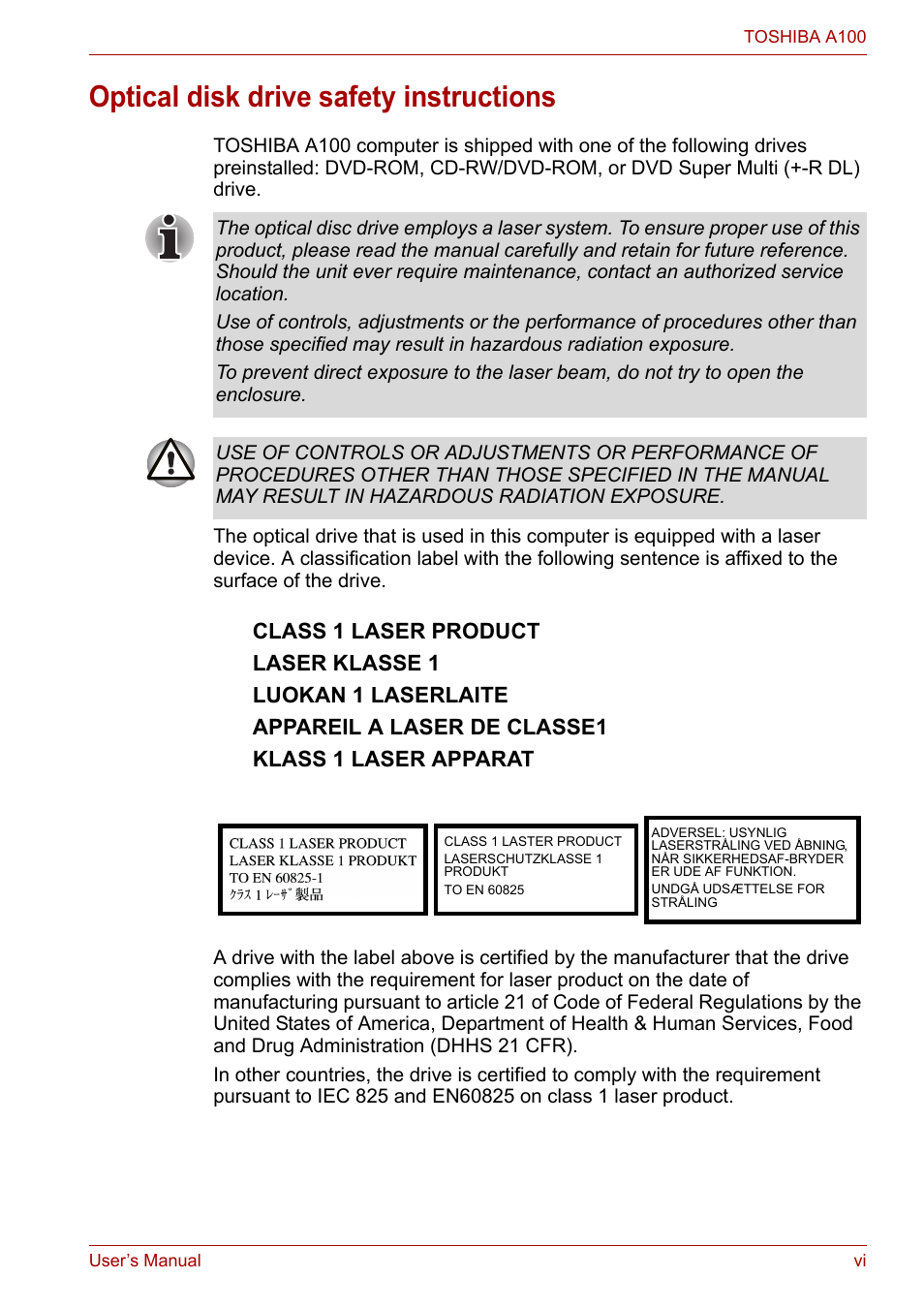 Optical disk drive safety instructions | Toshiba Satellite A100 (PSAAR) User Manual | Page 6 / 171