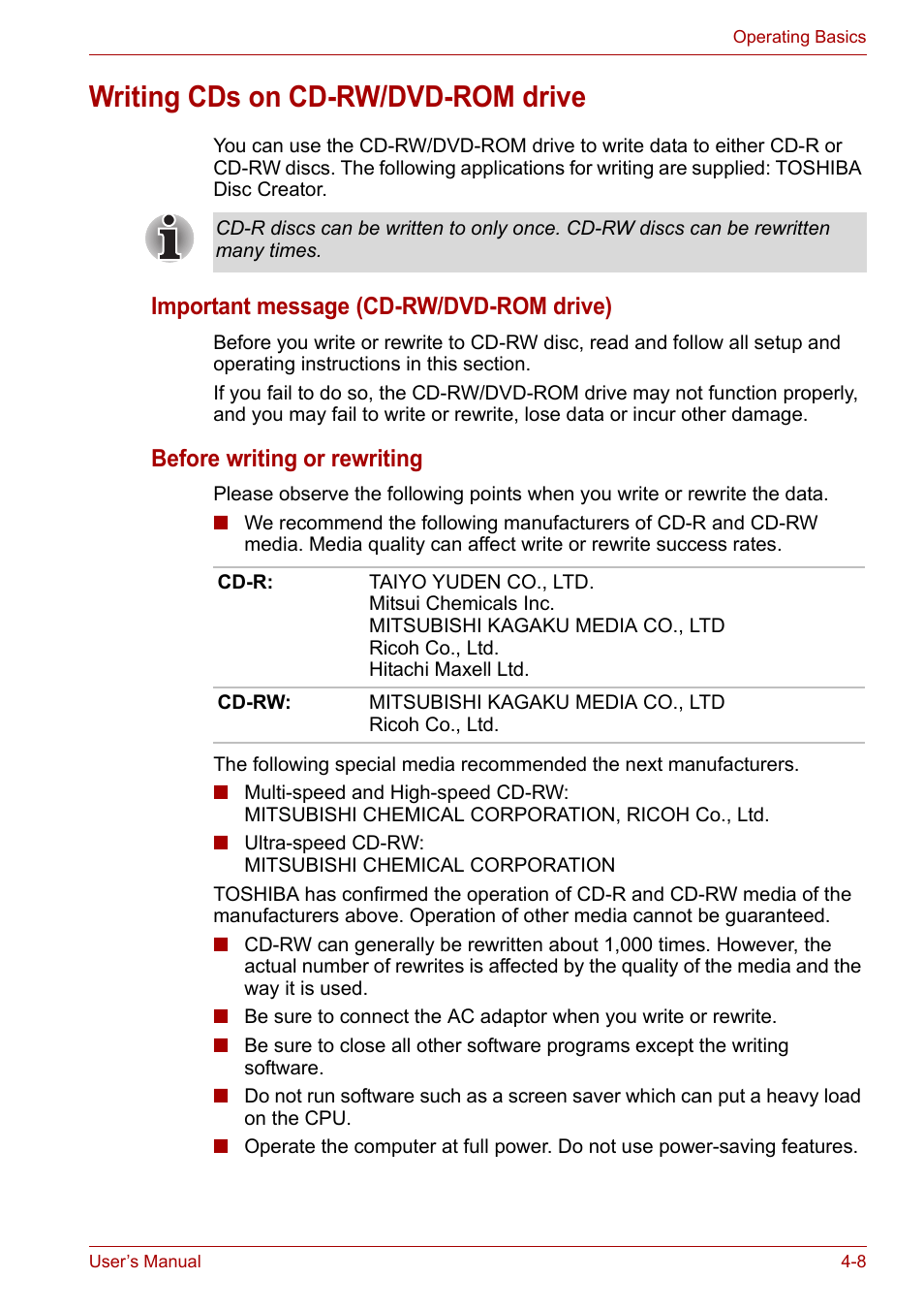 Writing cds on cd-rw/dvd-rom drive, Writing cds on cd-rw/dvd-rom drive -8, Important message (cd-rw/dvd-rom drive) | Before writing or rewriting | Toshiba Satellite A100 (PSAAR) User Manual | Page 60 / 171