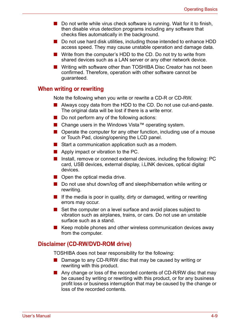 When writing or rewriting, Disclaimer (cd-rw/dvd-rom drive) | Toshiba Satellite A100 (PSAAR) User Manual | Page 61 / 171