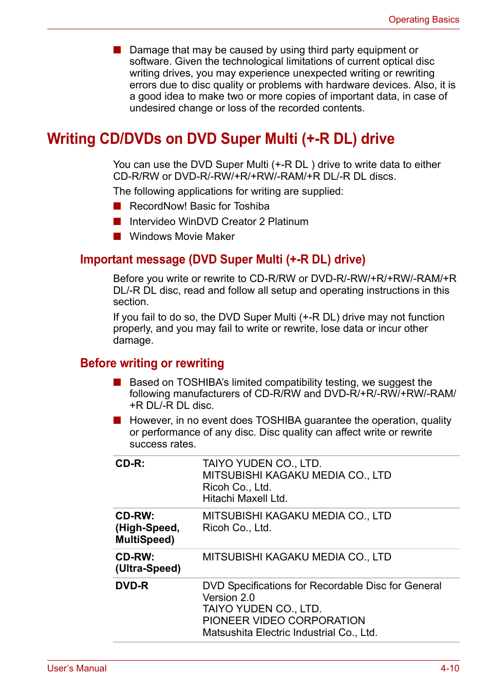 Writing cd/dvds on dvd super multi (+-r dl) drive, Important message (dvd super multi (+-r dl) drive), Before writing or rewriting | Toshiba Satellite A100 (PSAAR) User Manual | Page 62 / 171