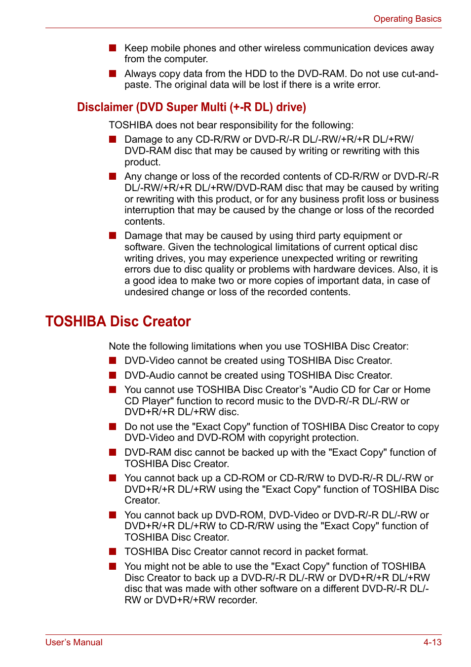 Toshiba disc creator, Toshiba disc creator -13, Disclaimer (dvd super multi (+-r dl) drive) | Toshiba Satellite A100 (PSAAR) User Manual | Page 65 / 171