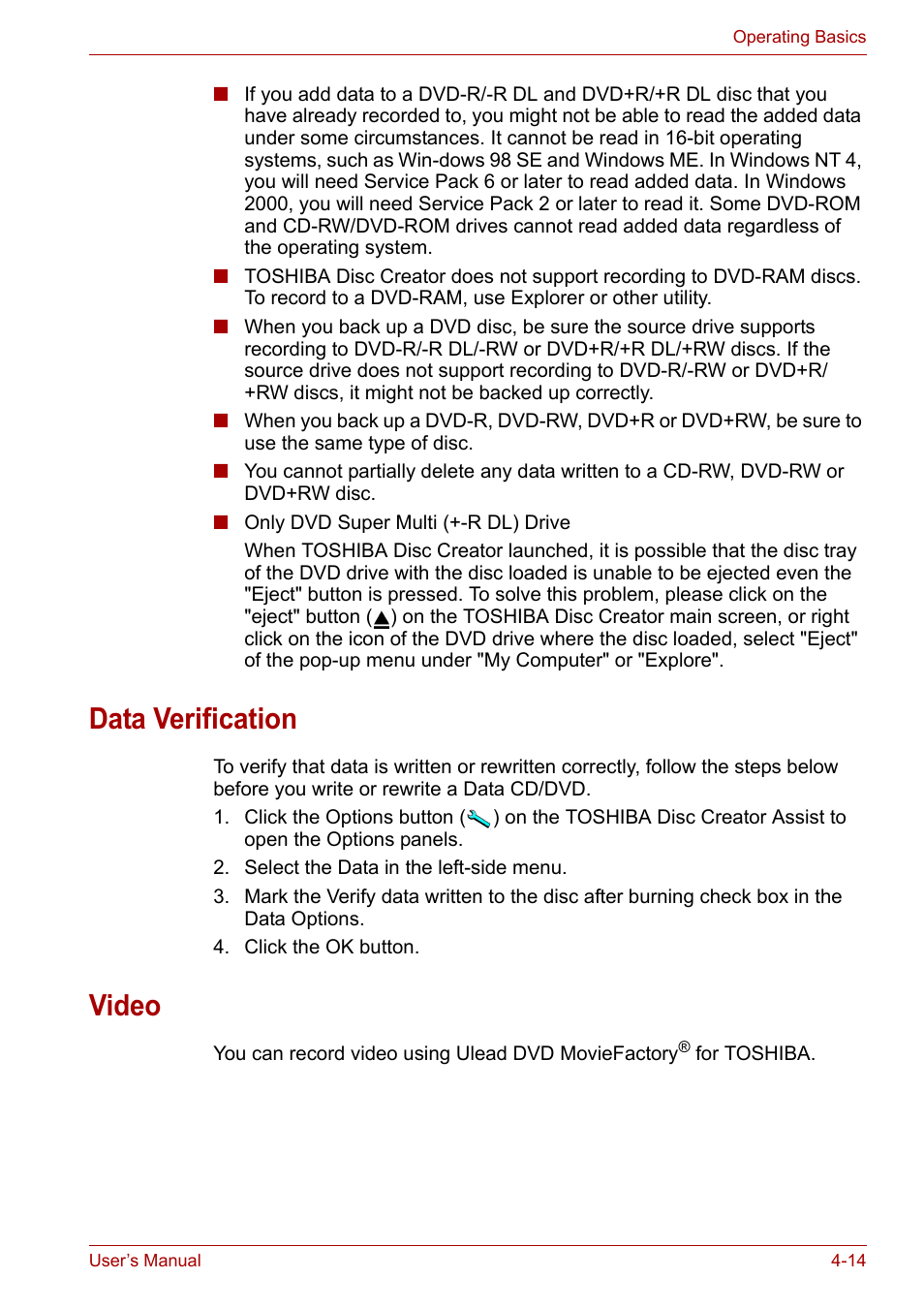 Data verification, Video, Data verification -14 video -14 | Toshiba Satellite A100 (PSAAR) User Manual | Page 66 / 171