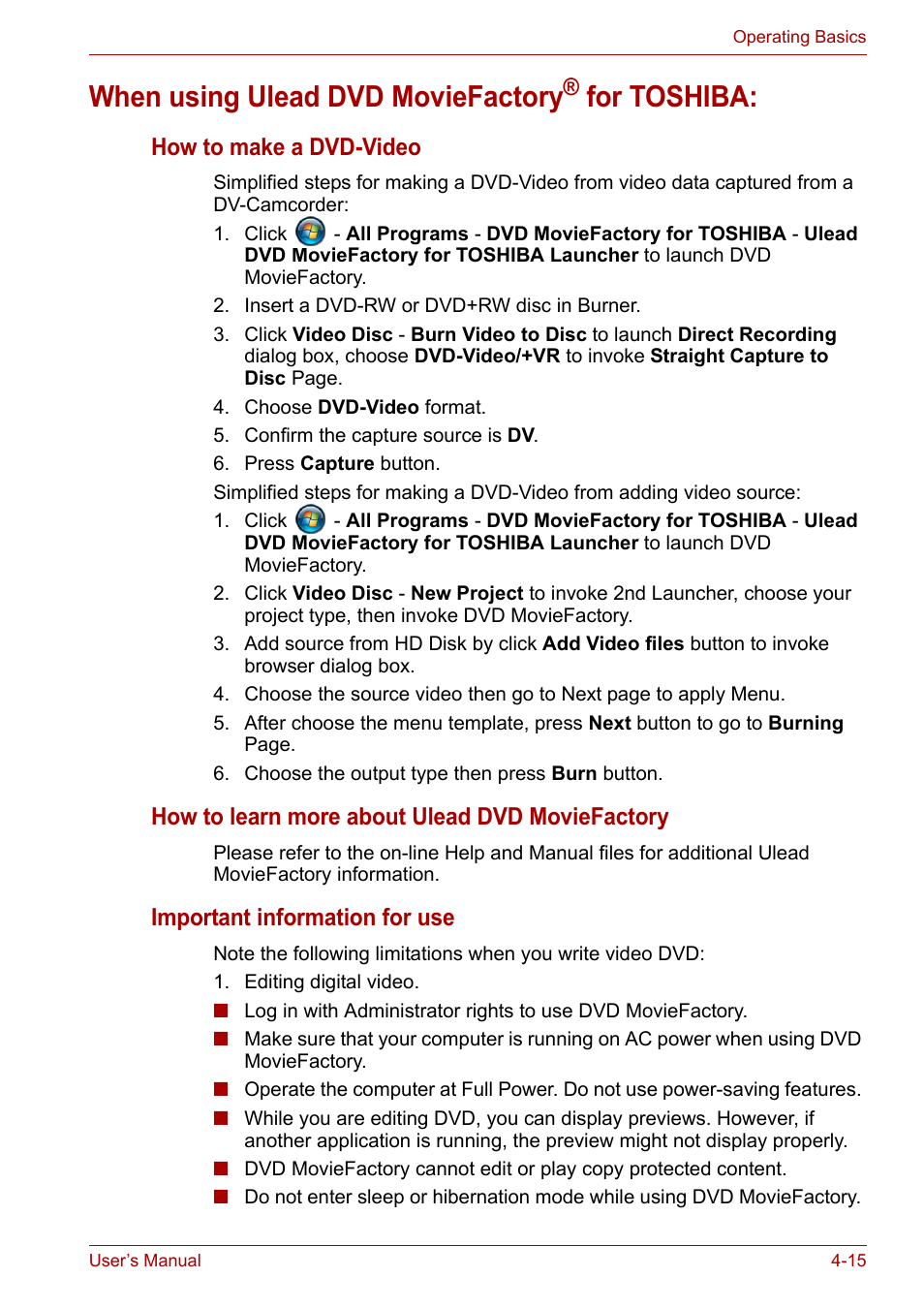 When using ulead dvd moviefactory® for toshiba, When using ulead dvd moviefactory, For toshiba | Toshiba Satellite A100 (PSAAR) User Manual | Page 67 / 171