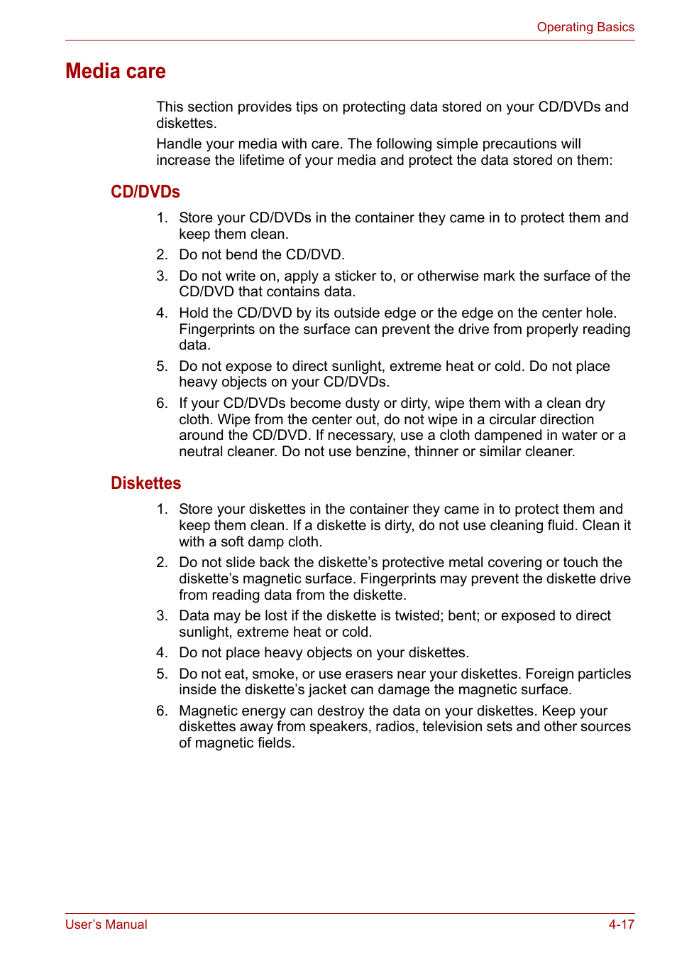 Media care, Media care -17, Cd/dvds | Diskettes | Toshiba Satellite A100 (PSAAR) User Manual | Page 69 / 171