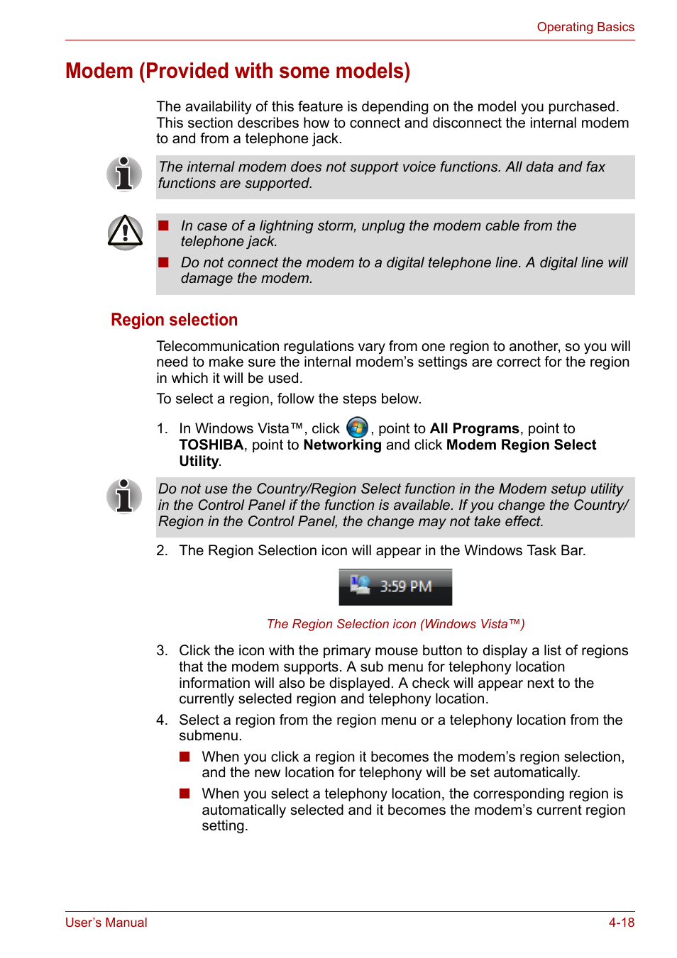 Modem (provided with some models), Modem (provided with some models) -18, Region selection | Toshiba Satellite A100 (PSAAR) User Manual | Page 70 / 171