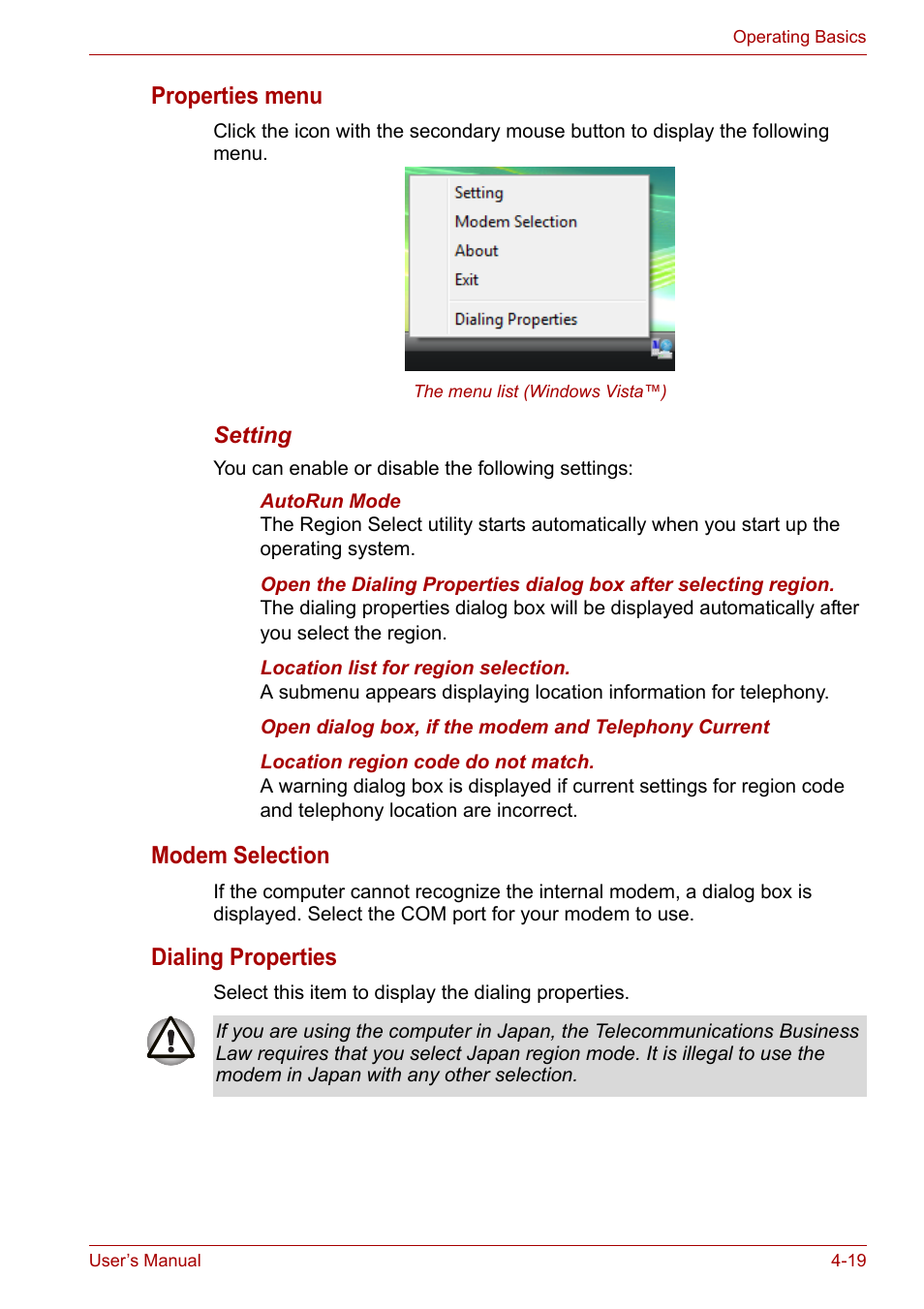 Properties menu, Modem selection, Dialing properties | Toshiba Satellite A100 (PSAAR) User Manual | Page 71 / 171