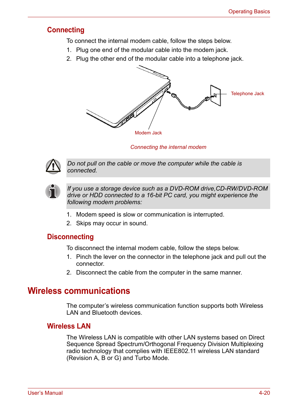 Wireless communications, Wireless communications -20, Connecting | Disconnecting, Wireless lan | Toshiba Satellite A100 (PSAAR) User Manual | Page 72 / 171