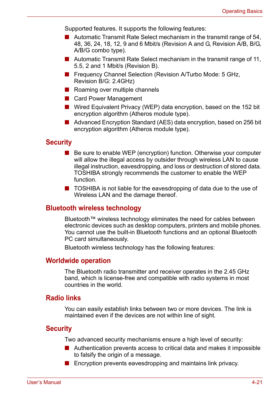 Security, Bluetooth wireless technology, Worldwide operation | Radio links | Toshiba Satellite A100 (PSAAR) User Manual | Page 73 / 171