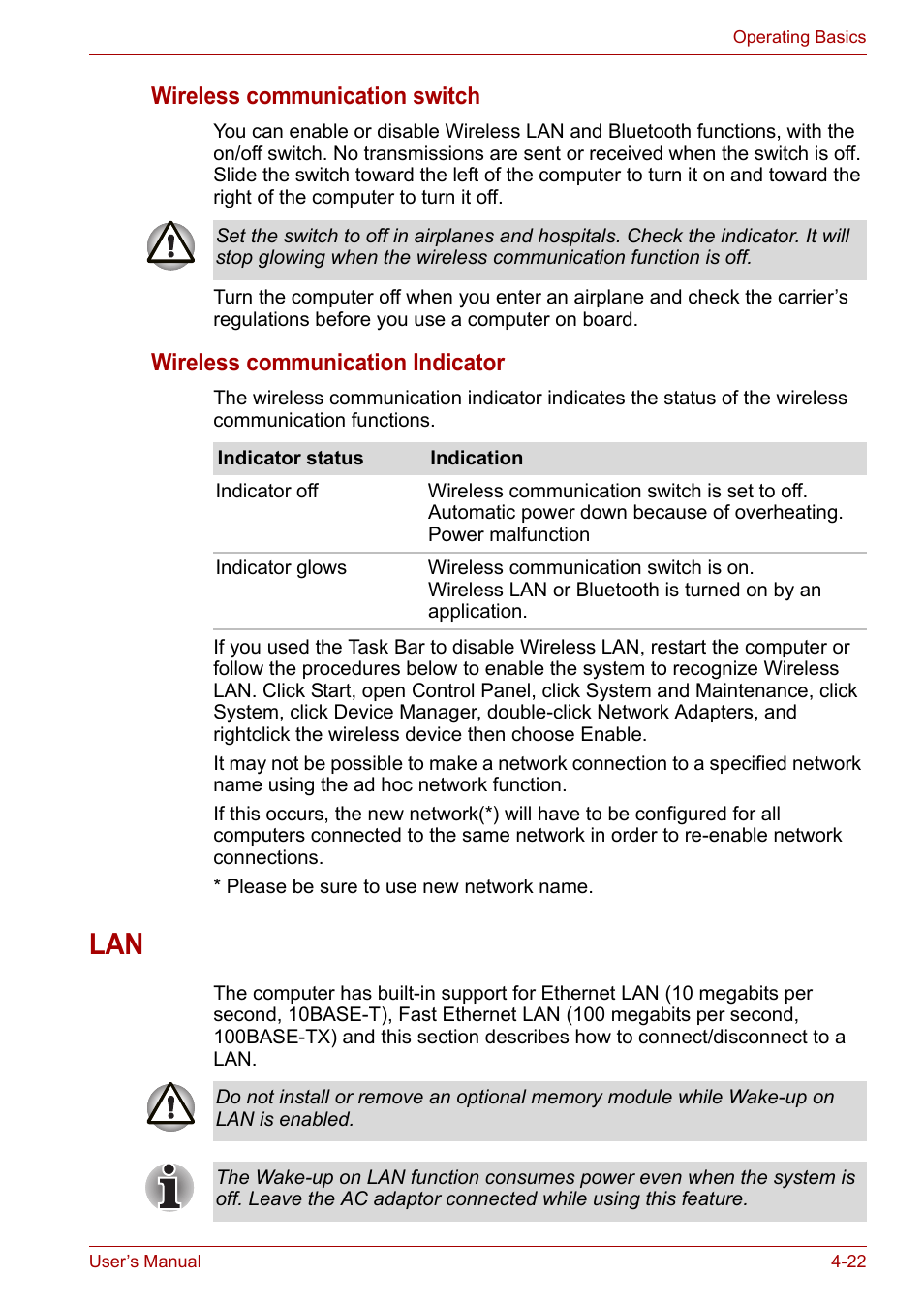 Lan -22, Wireless communication switch, Wireless communication indicator | Toshiba Satellite A100 (PSAAR) User Manual | Page 74 / 171