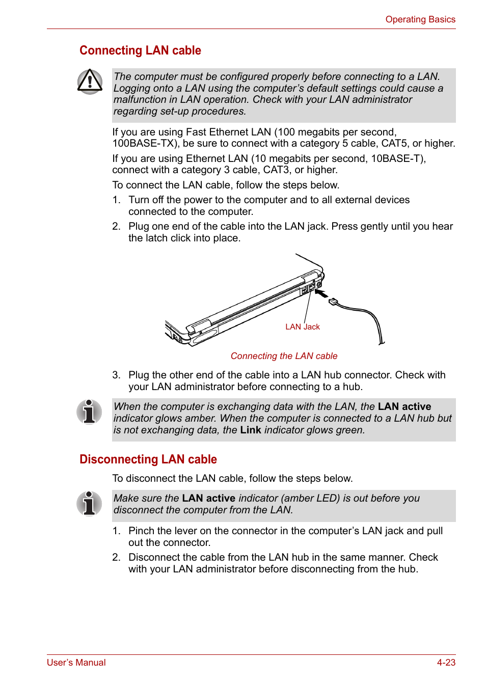 Connecting lan cable, Disconnecting lan cable | Toshiba Satellite A100 (PSAAR) User Manual | Page 75 / 171