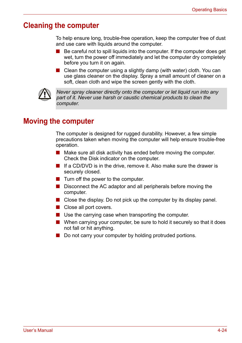 Cleaning the computer, Moving the computer, Cleaning the computer -24 moving the computer -24 | Toshiba Satellite A100 (PSAAR) User Manual | Page 76 / 171