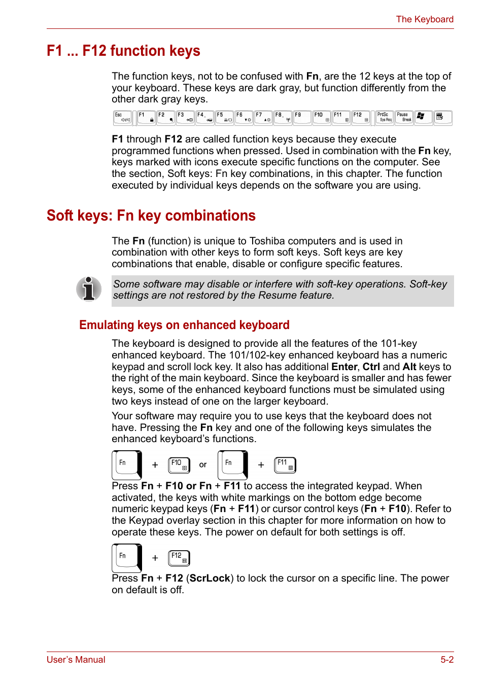 F1 ... f12 function keys, Soft keys: fn key combinations, Emulating keys on enhanced keyboard | Toshiba Satellite A100 (PSAAR) User Manual | Page 79 / 171