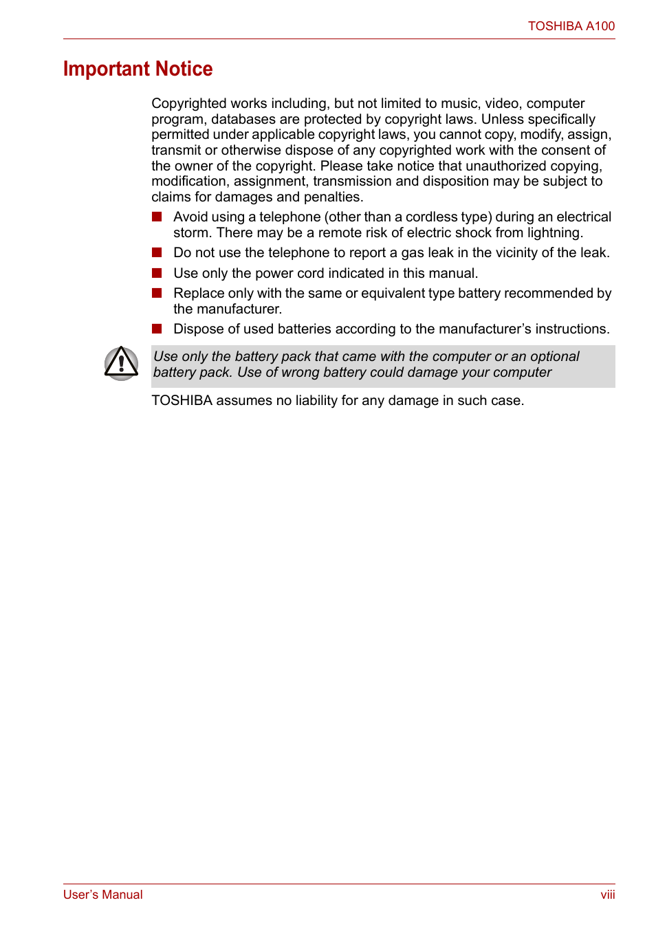 Important notice | Toshiba Satellite A100 (PSAAR) User Manual | Page 8 / 171