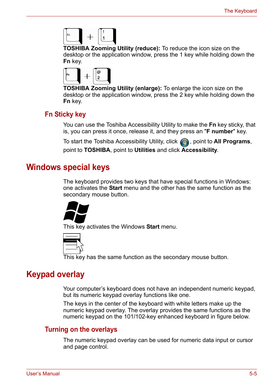 Windows special keys, Keypad overlay, Windows special keys -5 keypad overlay -5 | Toshiba Satellite A100 (PSAAR) User Manual | Page 82 / 171