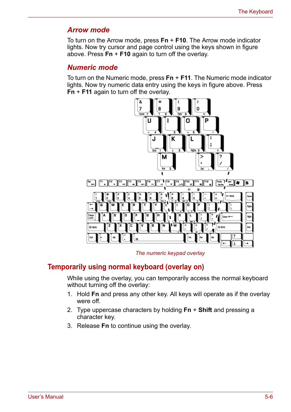 Temporarily using normal keyboard (overlay on) | Toshiba Satellite A100 (PSAAR) User Manual | Page 83 / 171