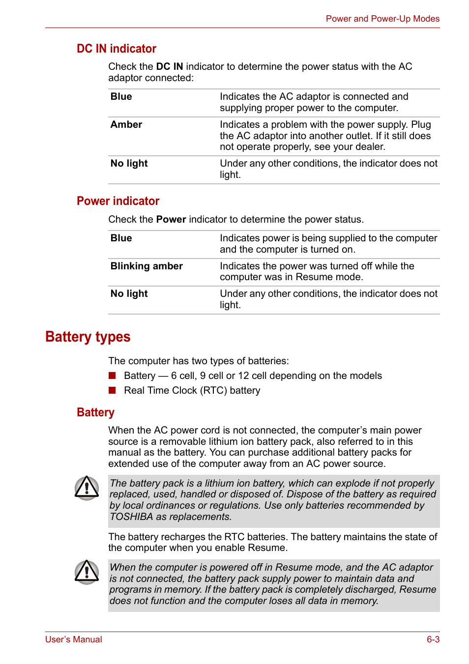 Battery types, Battery types -3, Dc in indicator | Power indicator, Battery | Toshiba Satellite A100 (PSAAR) User Manual | Page 87 / 171