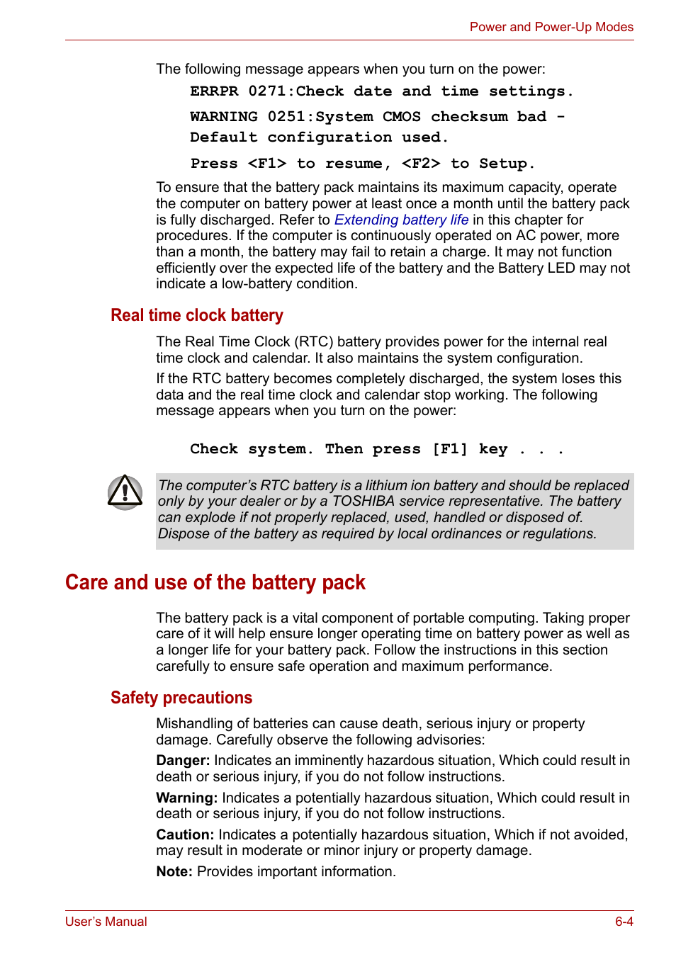 Care and use of the battery pack, Care and use of the battery pack -4, Real time clock battery | Safety precautions | Toshiba Satellite A100 (PSAAR) User Manual | Page 88 / 171