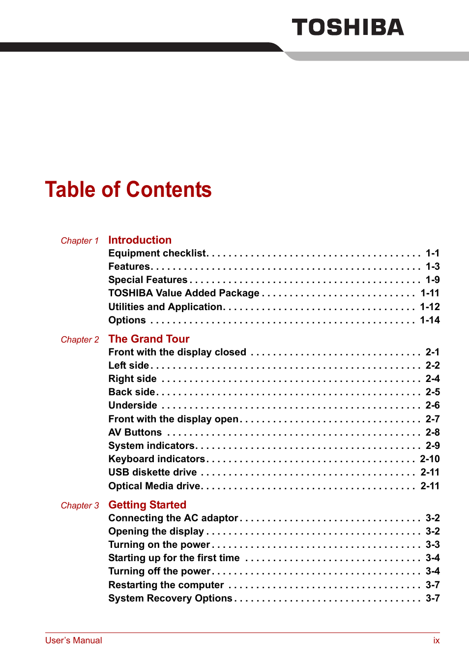 Toshiba Satellite A100 (PSAAR) User Manual | Page 9 / 171