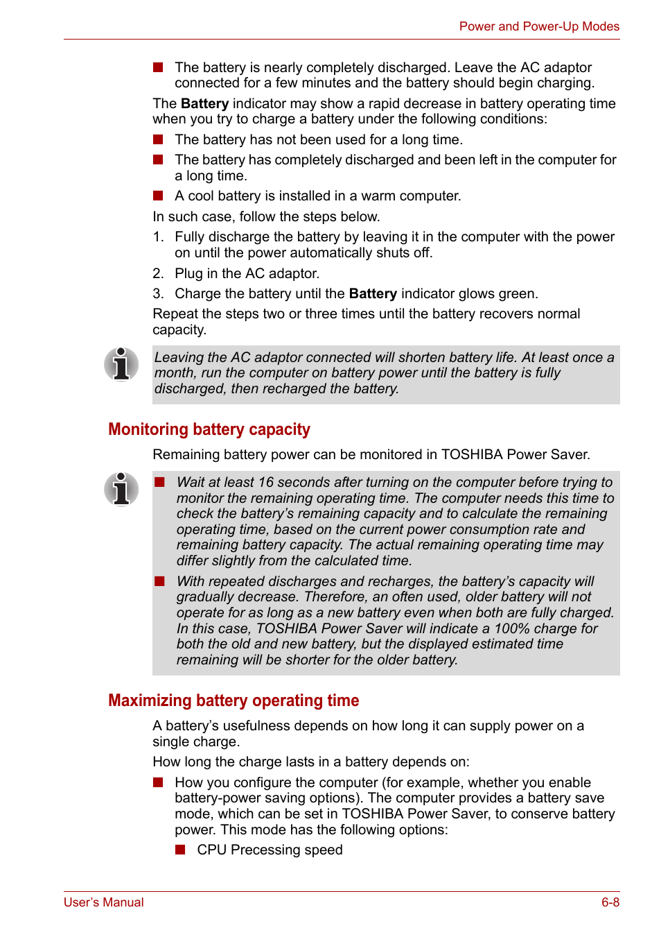 Monitoring battery capacity, Maximizing battery operating time | Toshiba Satellite A100 (PSAAR) User Manual | Page 92 / 171