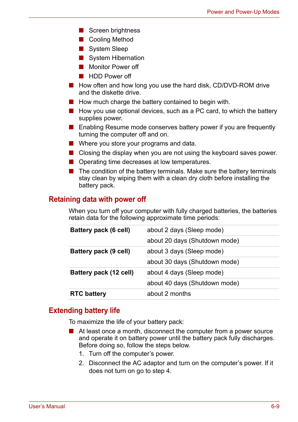 Retaining data with power off, Extending battery life | Toshiba Satellite A100 (PSAAR) User Manual | Page 93 / 171