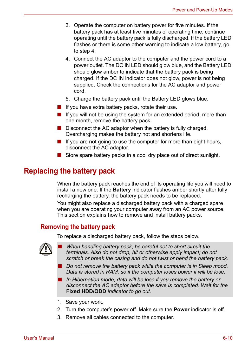 Replacing the battery pack, Replacing the battery pack -10, Removing the battery pack | Toshiba Satellite A100 (PSAAR) User Manual | Page 94 / 171