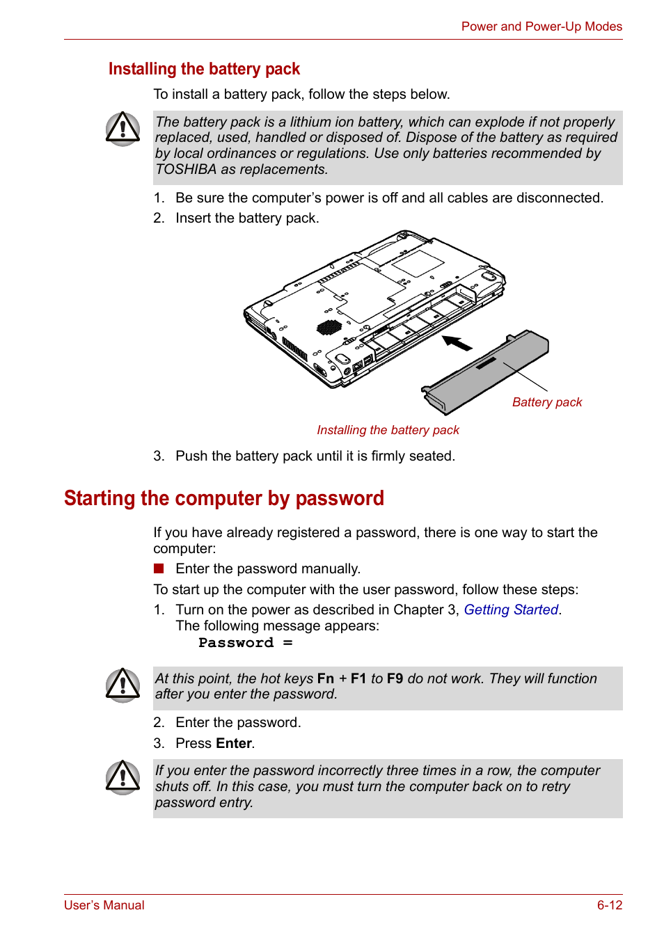 Starting the computer by password, Starting the computer by password -12, Installing the battery pack | Toshiba Satellite A100 (PSAAR) User Manual | Page 96 / 171