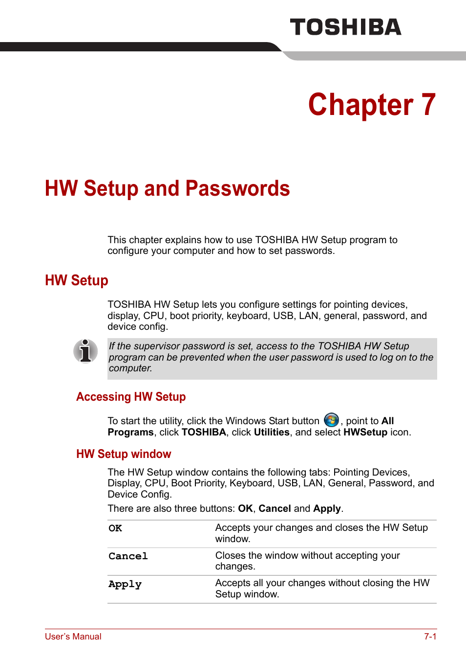 Chapter 7: hw setup and passwords, Hw setup, Chapter 7 | Hw setup and passwords, Hw setup -1, And passwords, Expla | Toshiba Satellite A100 (PSAAR) User Manual | Page 98 / 171