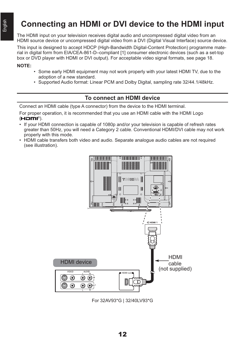 Connecting an hdmi or dvi device to the hdmi input | Toshiba AV933 User Manual | Page 12 / 68