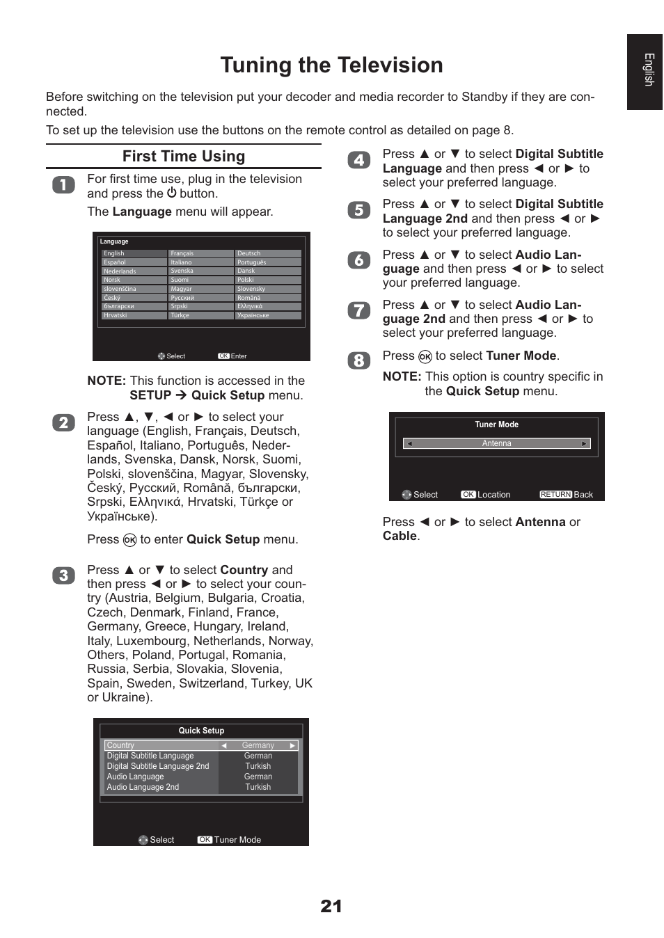 Tuning the television, First time using | Toshiba AV933 User Manual | Page 21 / 68