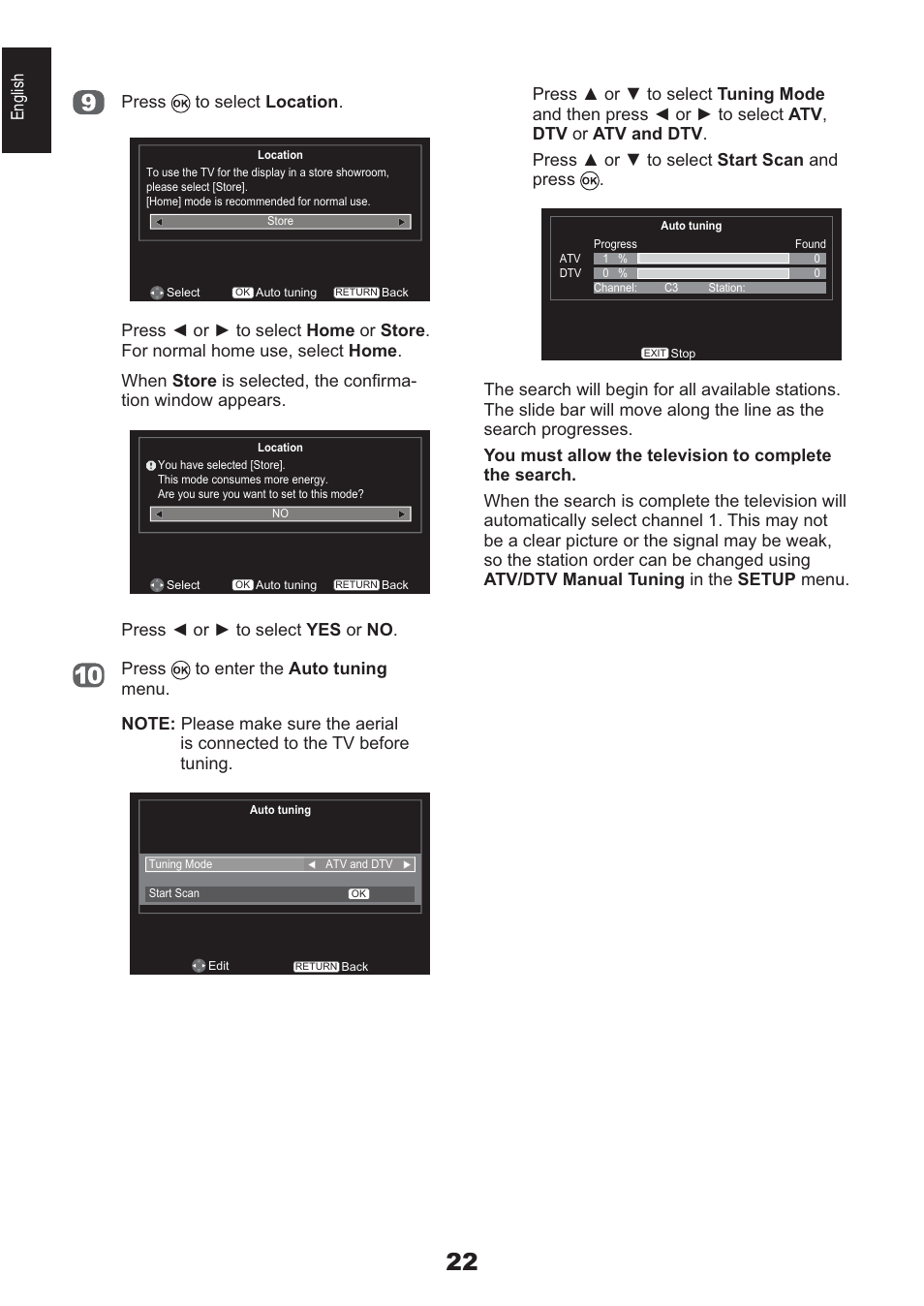 English press to select location | Toshiba AV933 User Manual | Page 22 / 68