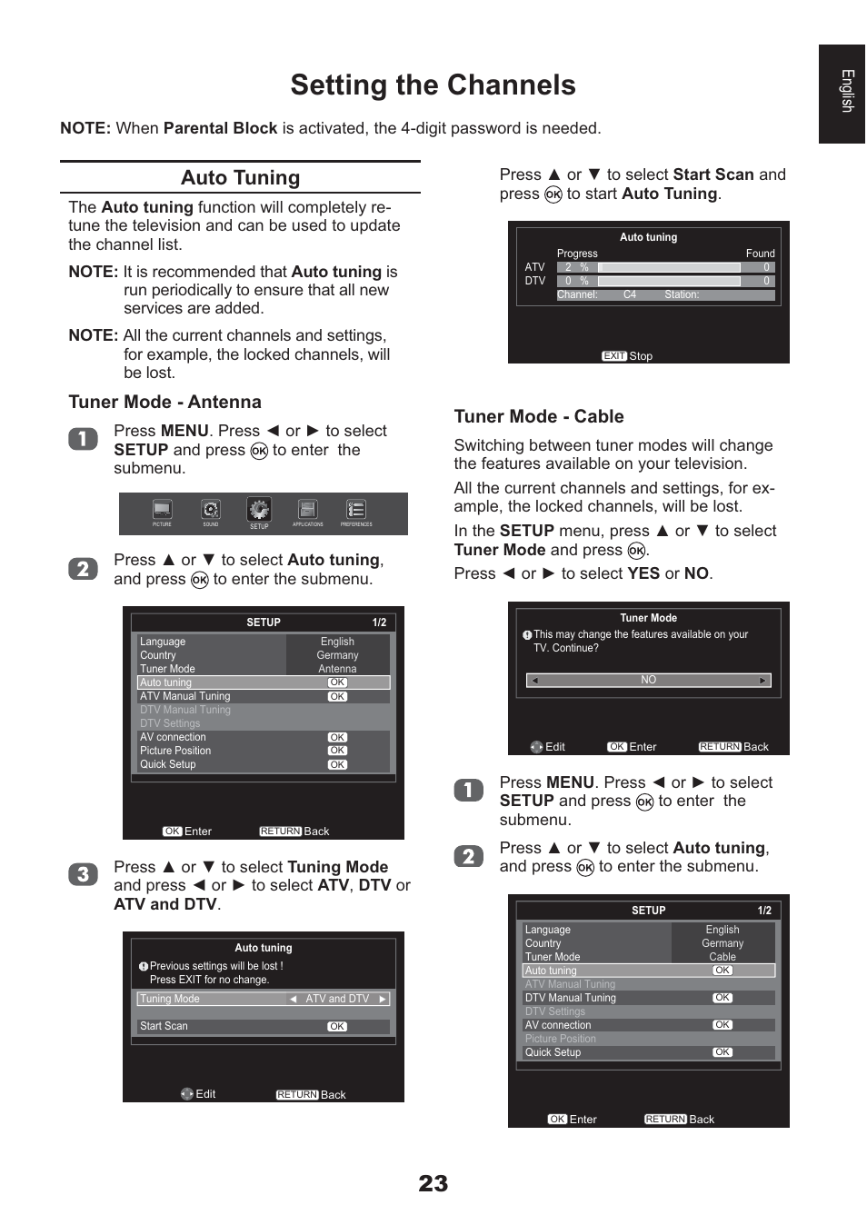 Setting the channels, Auto tuning, Tuner mode - antenna | Tuner mode - cable, English | Toshiba AV933 User Manual | Page 23 / 68