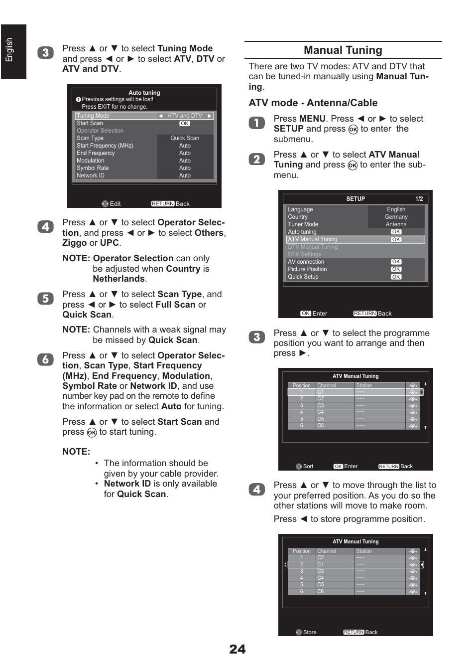 Manual tuning, Atv mode - antenna/cable | Toshiba AV933 User Manual | Page 24 / 68