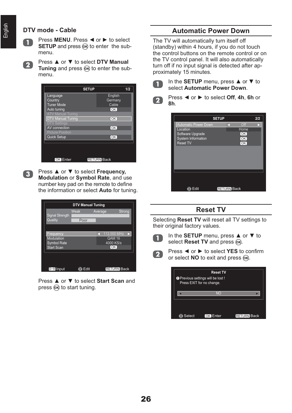 Automatic power down, Reset tv, Dtv mode - cable | English | Toshiba AV933 User Manual | Page 26 / 68