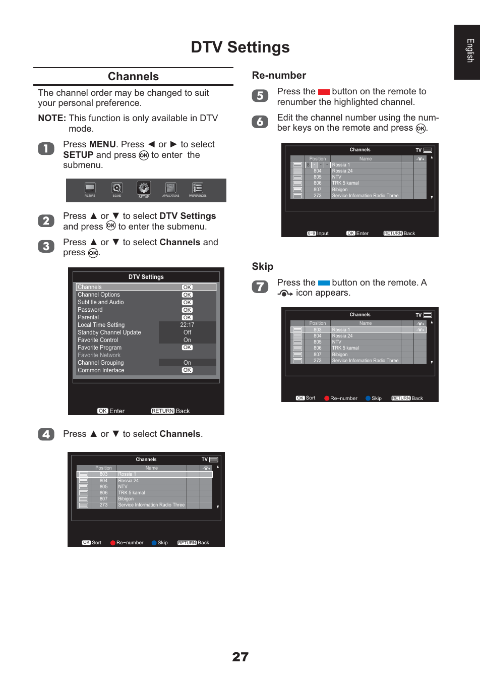 Dtv settings, Channels, Re-number | Skip, English, 3uhvv ÿ ru ź wr vhohfw channels, Press the button on the remote. a icon appears | Toshiba AV933 User Manual | Page 27 / 68