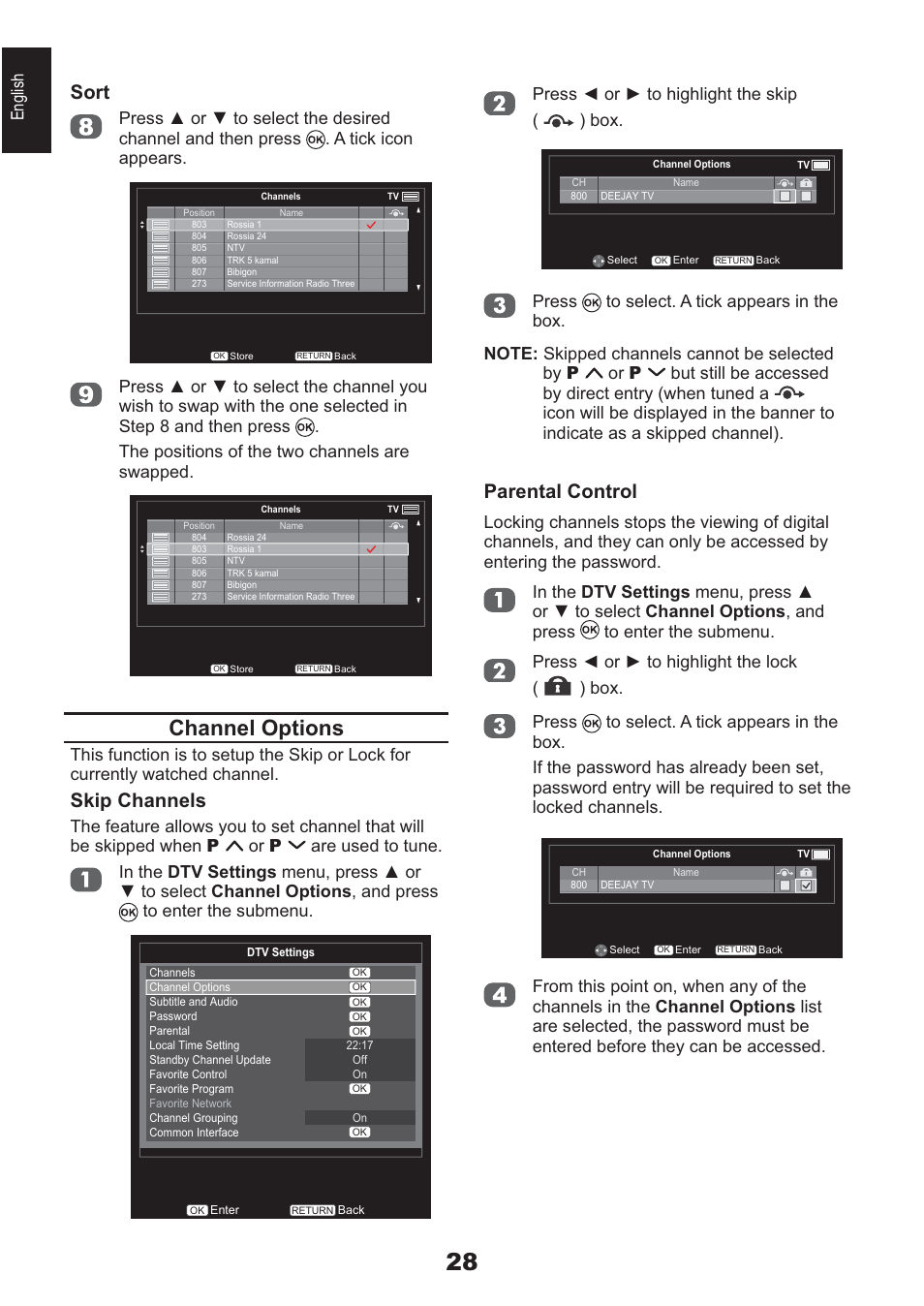 Channel options, Parental control, Sort | Skip channels, English 3uhvv ż ru ź wr kljkoljkw wkh vnls ( ) box | Toshiba AV933 User Manual | Page 28 / 68