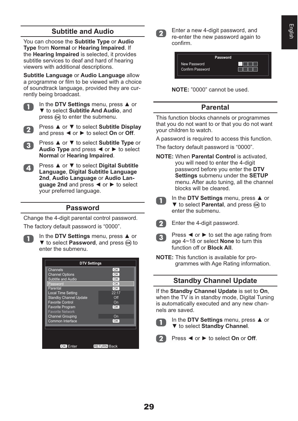 Parental, Standby channel update, Subtitle and audio | Password | Toshiba AV933 User Manual | Page 29 / 68