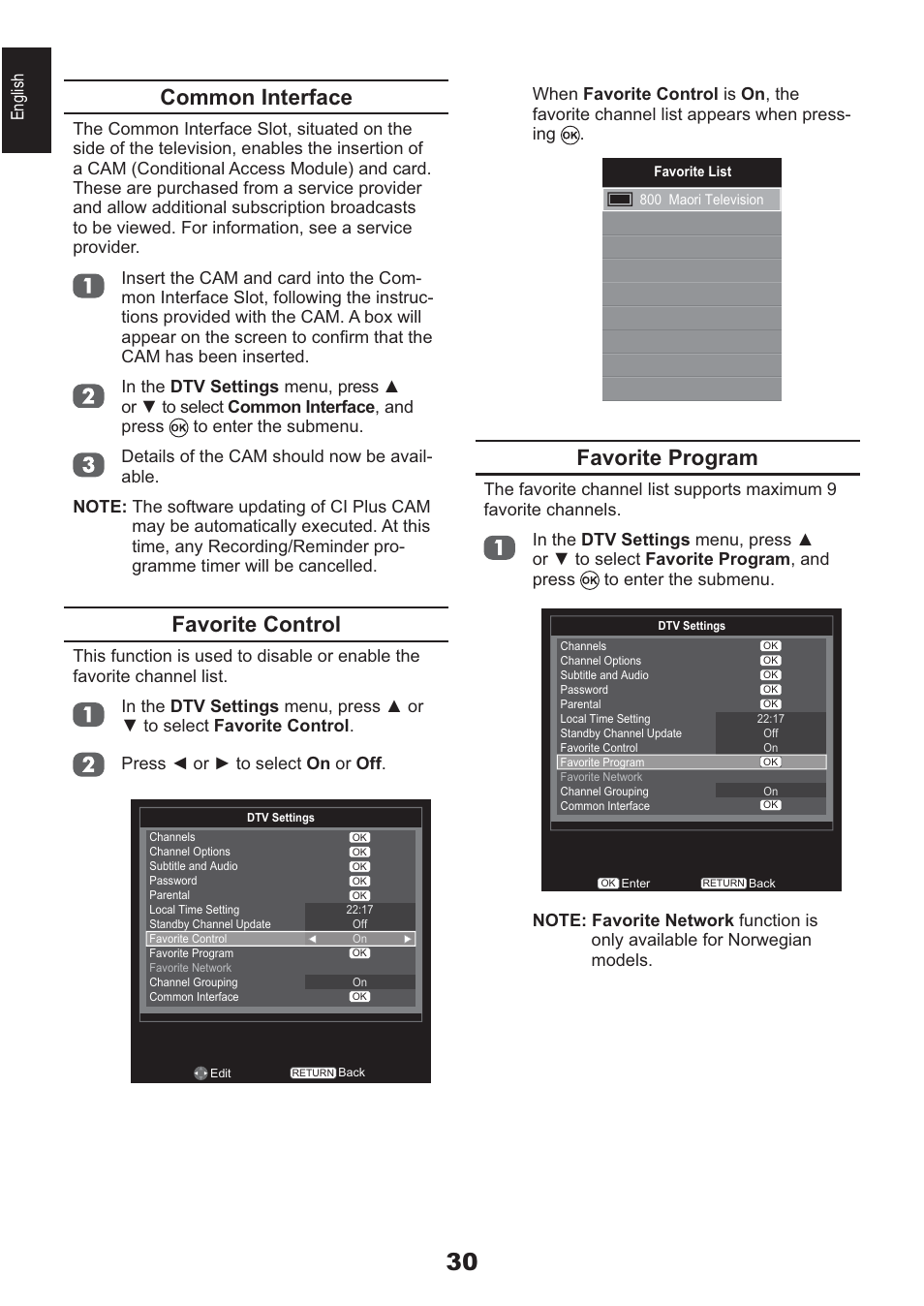 Common interface, Favorite control, Favorite program | English | Toshiba AV933 User Manual | Page 30 / 68