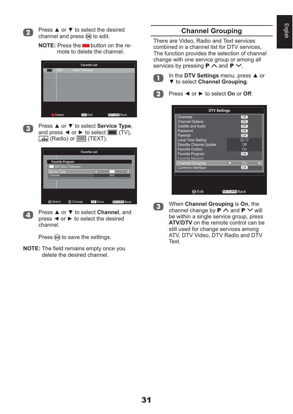 Channel grouping, English | Toshiba AV933 User Manual | Page 31 / 68