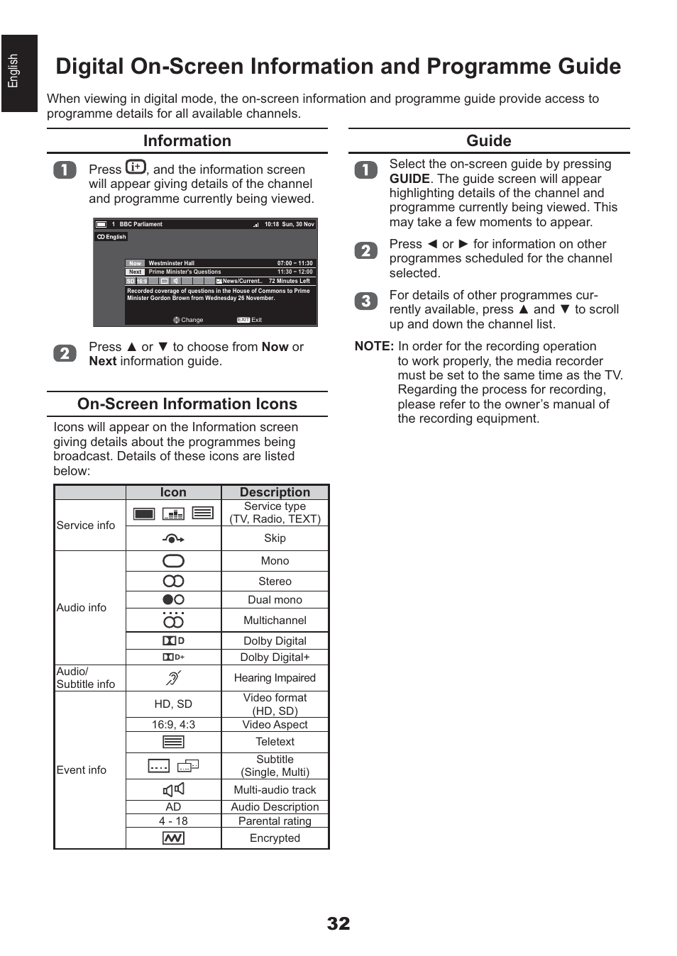 Digital on-screen information and programme guide, Guide, Information | On-screen information icons | Toshiba AV933 User Manual | Page 32 / 68