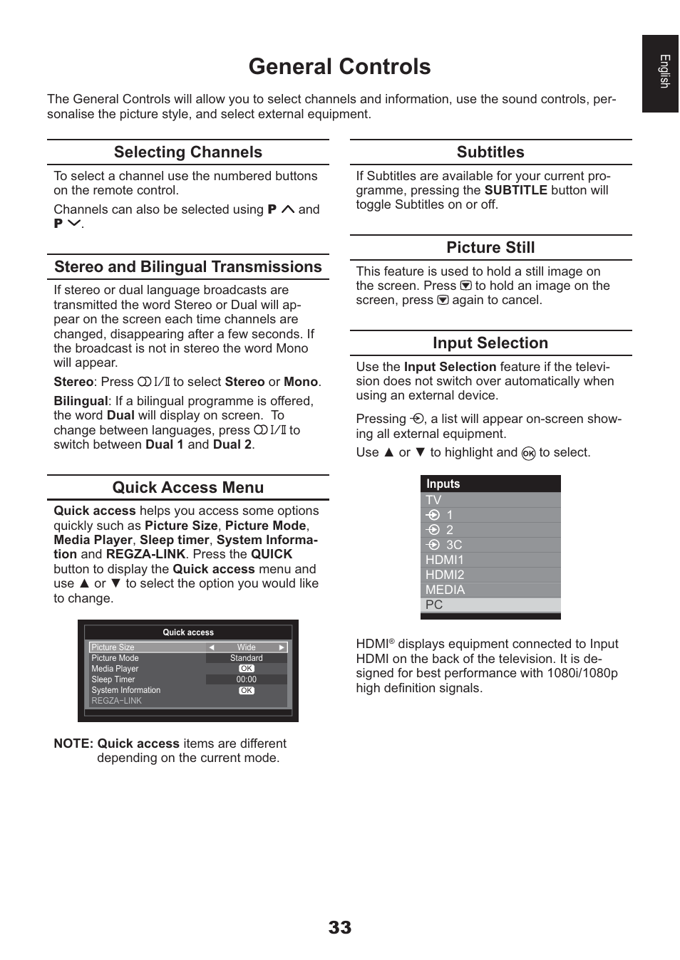 General controls, Selecting channels, Stereo and bilingual transmissions | Quick access menu, Subtitles, Picture still, Input selection | Toshiba AV933 User Manual | Page 33 / 68