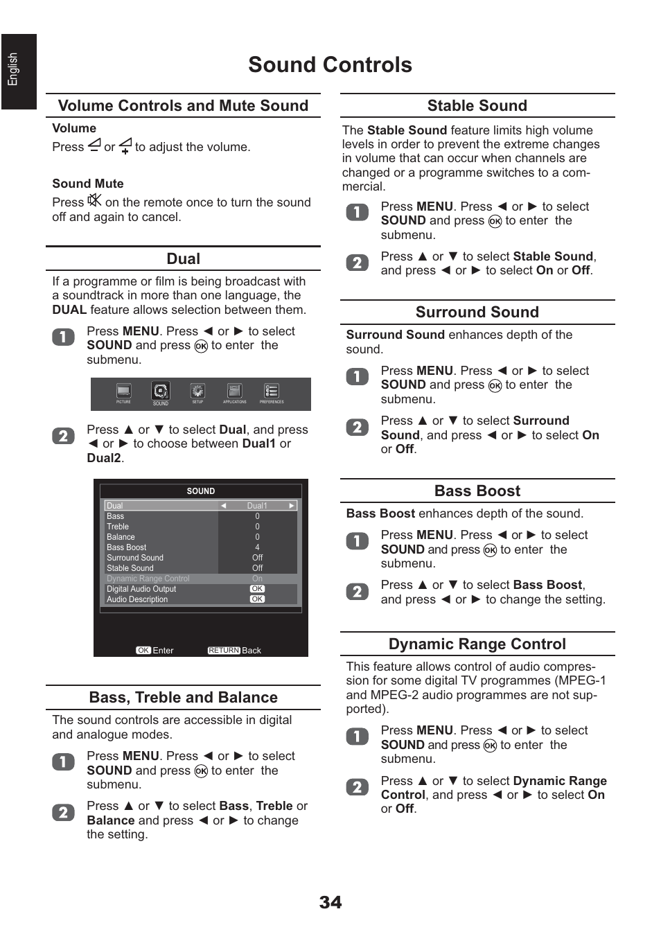 Sound controls, Volume controls and mute sound, Dual | Bass, treble and balance, Stable sound, Surround sound, Bass boost, Dynamic range control | Toshiba AV933 User Manual | Page 34 / 68