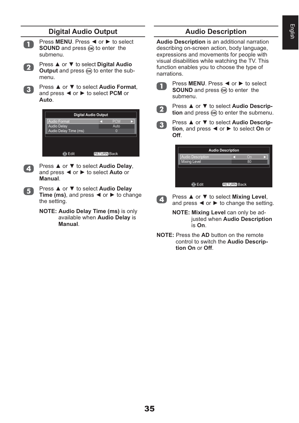 Digital audio output, Audio description | Toshiba AV933 User Manual | Page 35 / 68